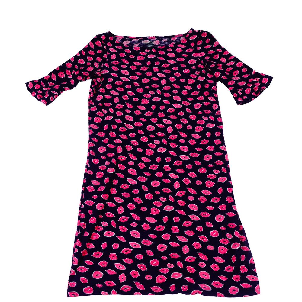 Lilly Pulitzer Kiss Print Shift Dress Navy Pink 3/4 Sleeve Women's XS